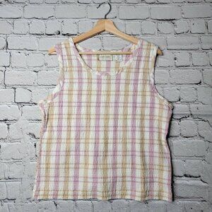Lemon Grass Picnic White Purple Sleeveless Scrunch Texture Top Size XL